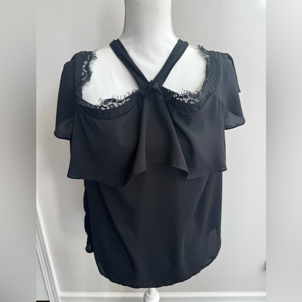 New York & Company Black Lace Accent Blouse On or Off Shoulder